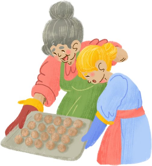 Textured Organic Grandmother and Granddaughter Baking